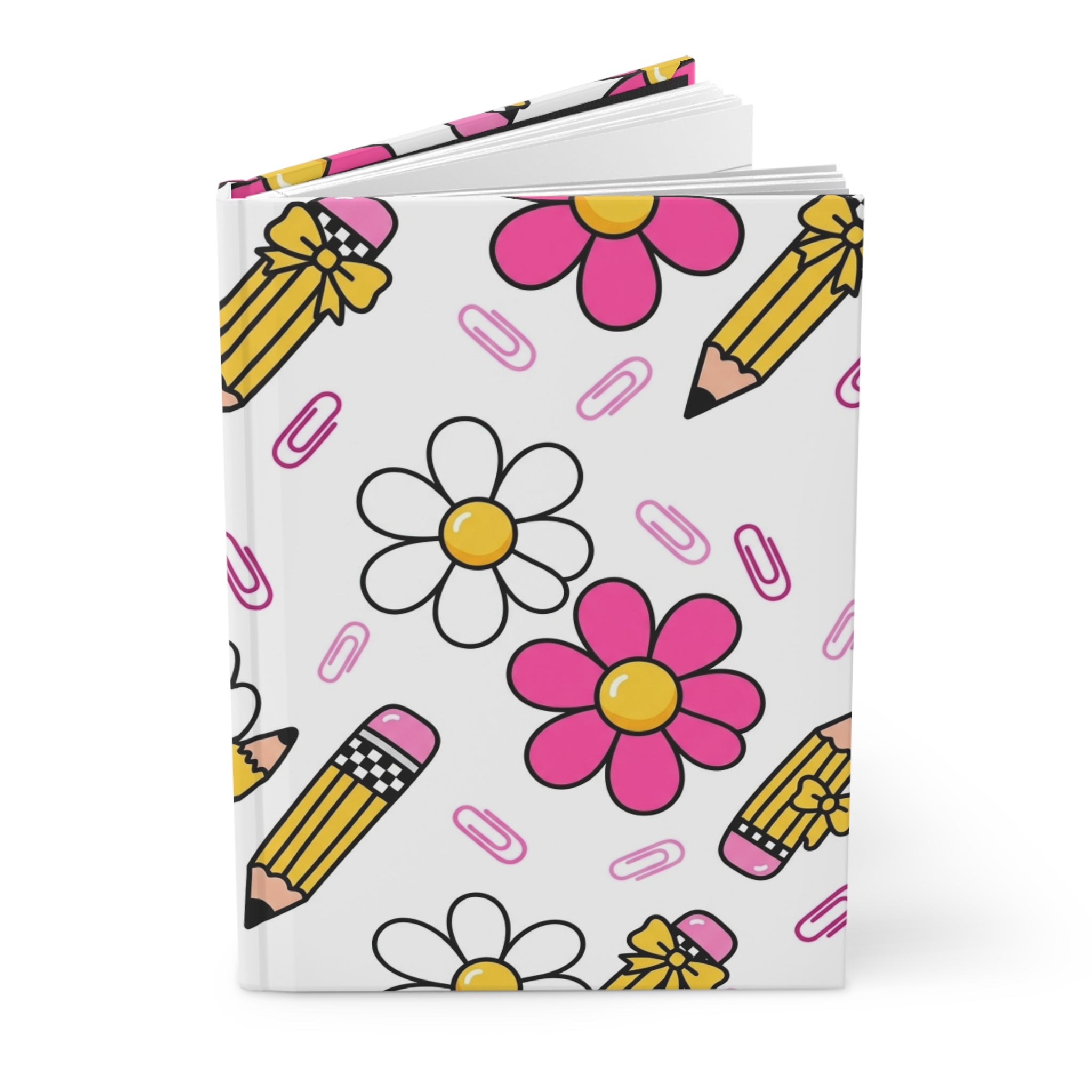 Cute Daisy & Pencil Hardcover Journal — Pink Floral School Notebook