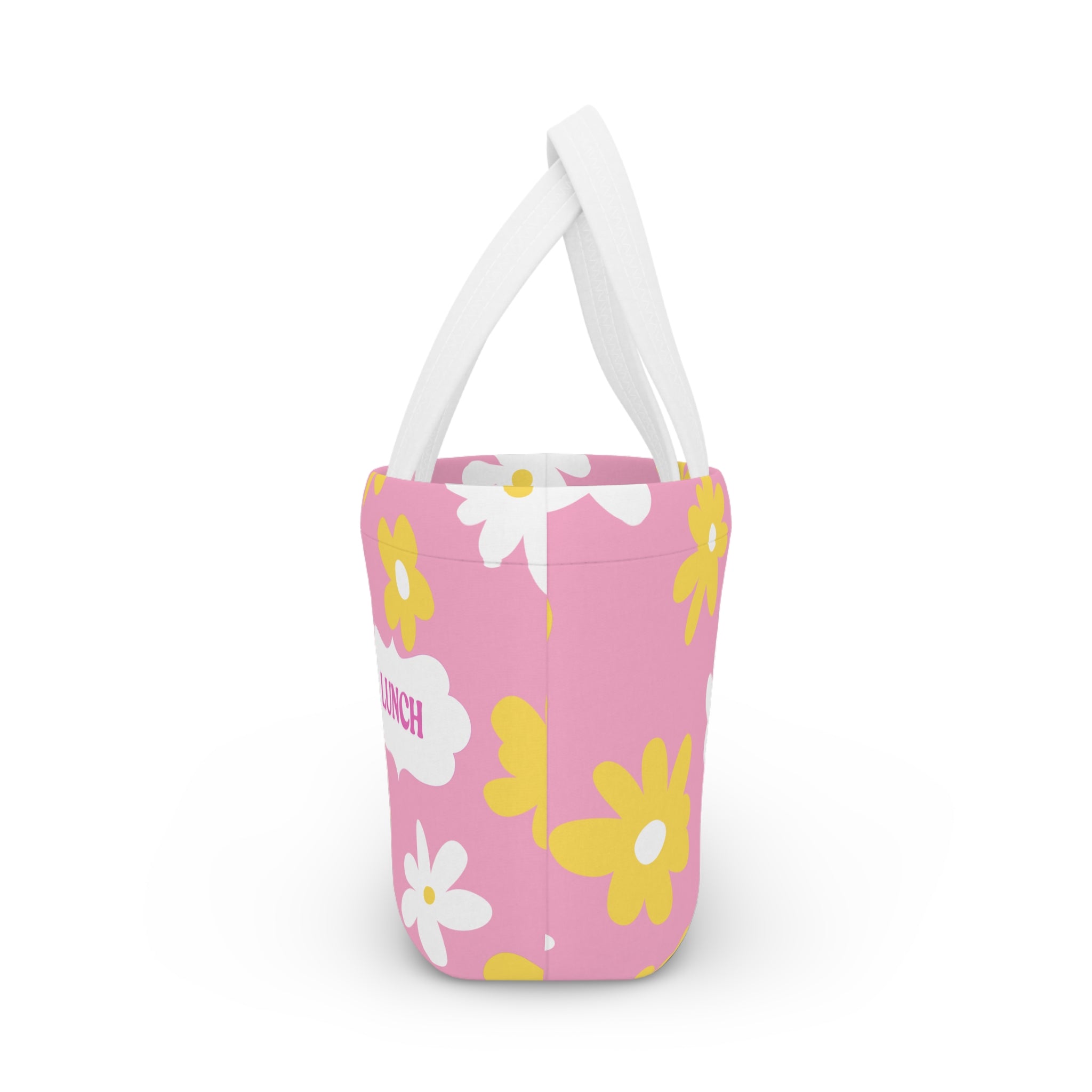 Pink Daisy Lunch Bag - Cute Floral Insulated Tote with “LUNCH” Label