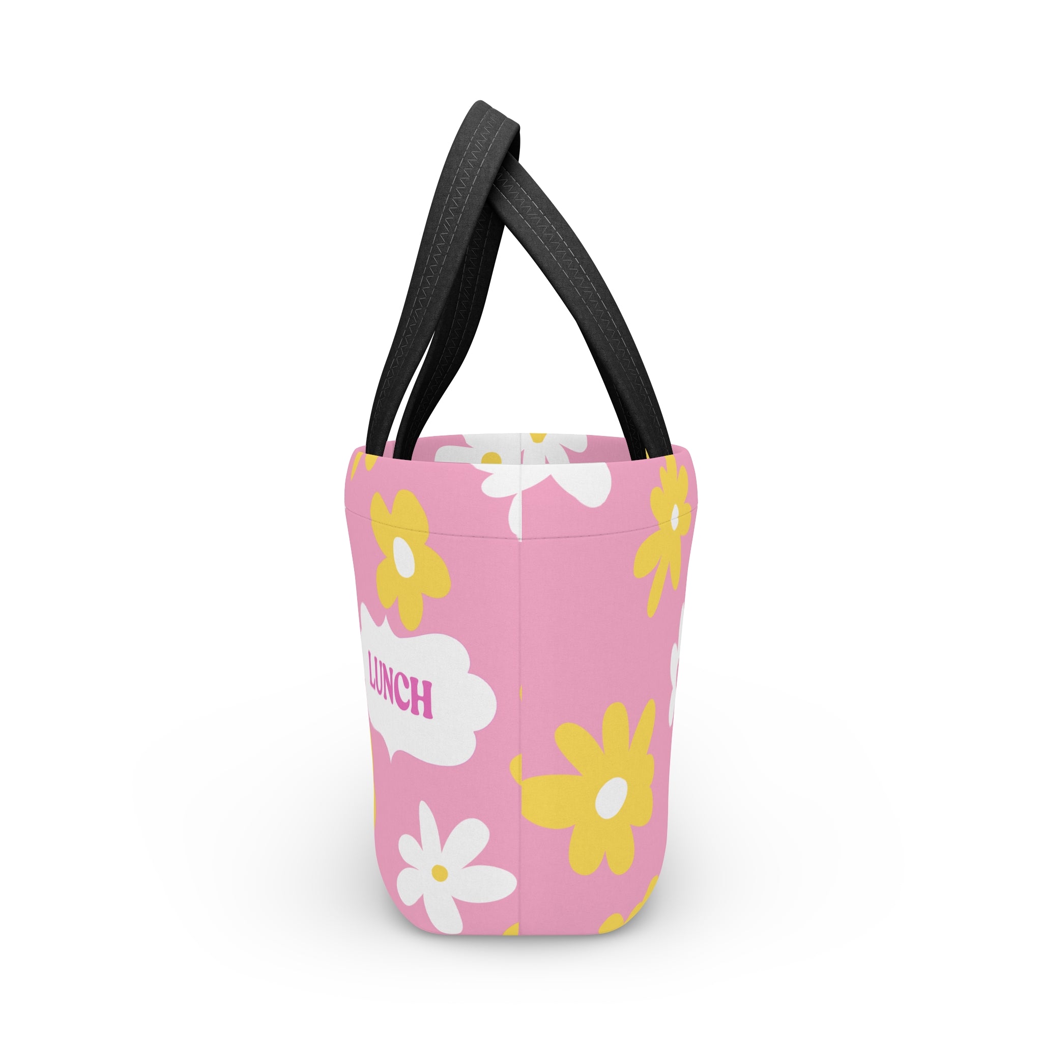 Pink Daisy Lunch Bag - Cute Floral Insulated Tote with “LUNCH” Label