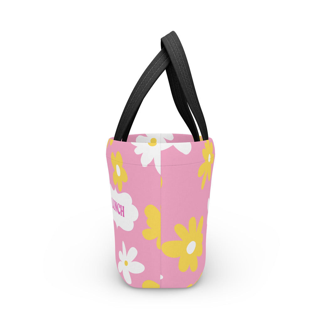 Pink Daisy Lunch Bag - Cute Floral Insulated Tote with “LUNCH” Label