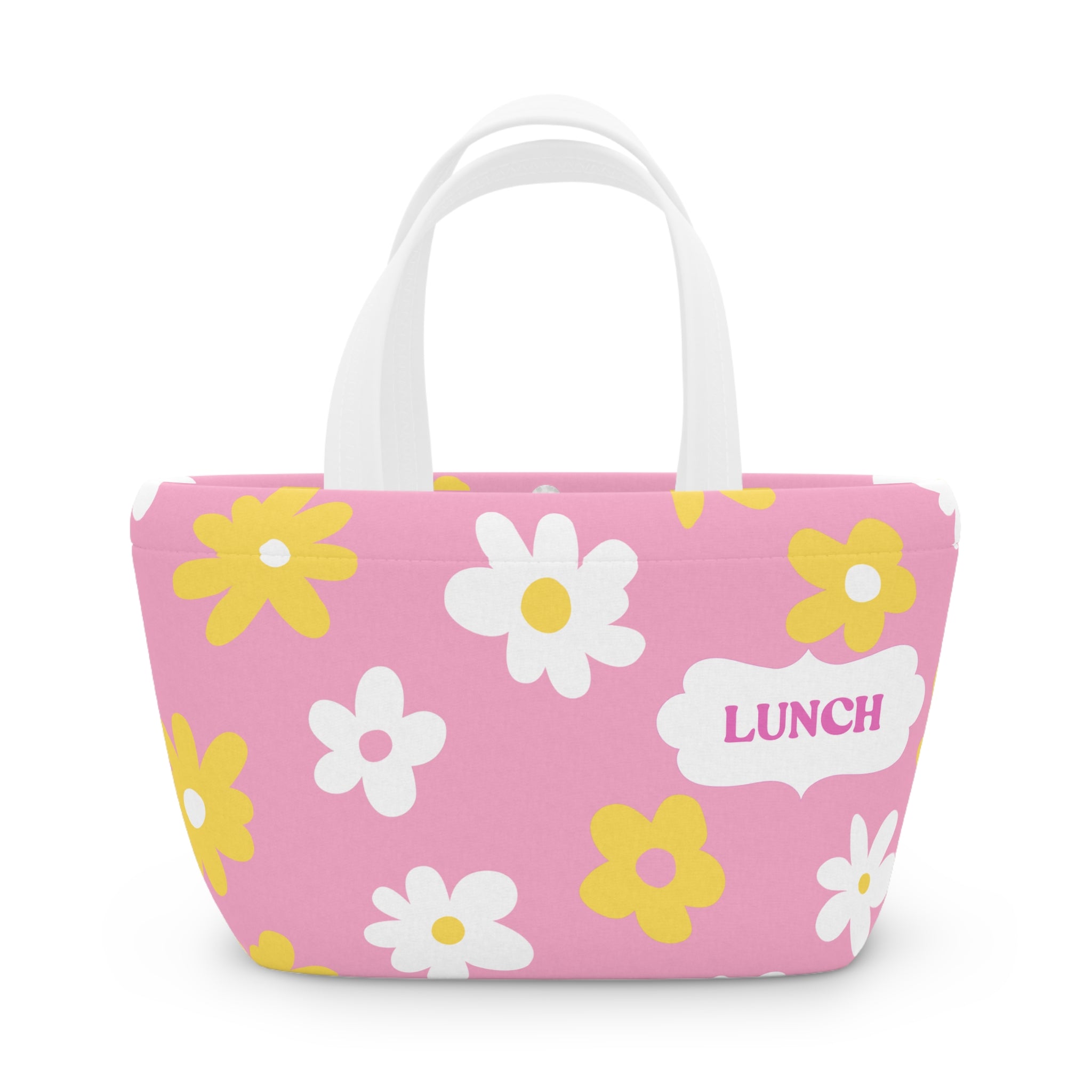 Pink Daisy Lunch Bag - Cute Floral Insulated Tote with “LUNCH” Label