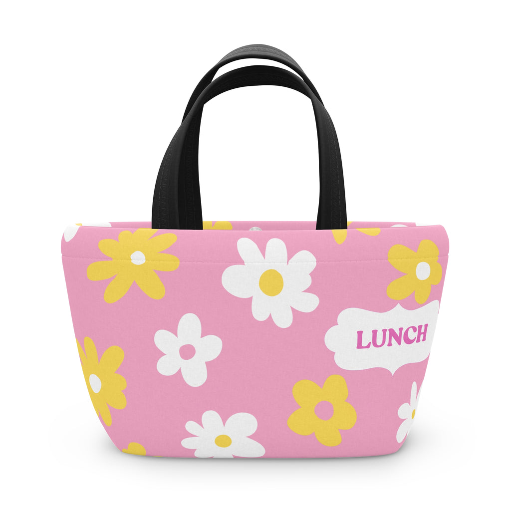 Pink Daisy Lunch Bag - Cute Floral Insulated Tote with “LUNCH” Label