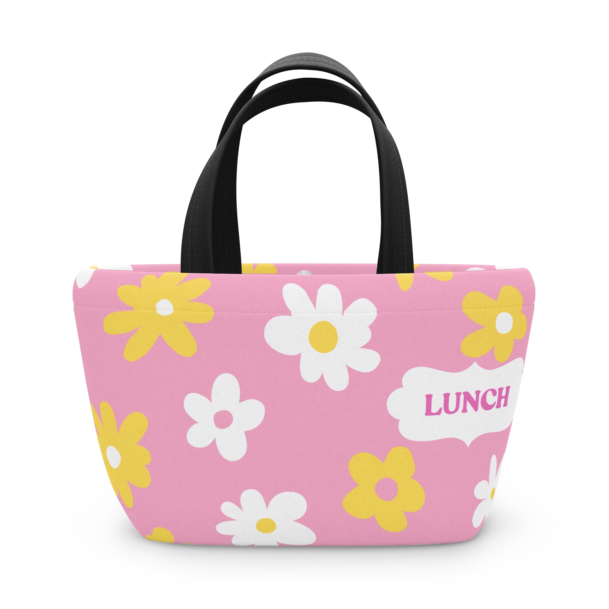 Pink Daisy Lunch Bag - Cute Floral Insulated Tote with “LUNCH” Label