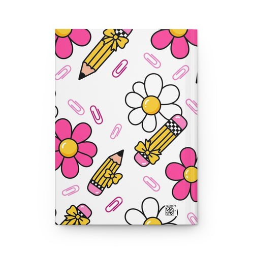 Cute Daisy & Pencil Hardcover Journal — Pink Floral School Notebook