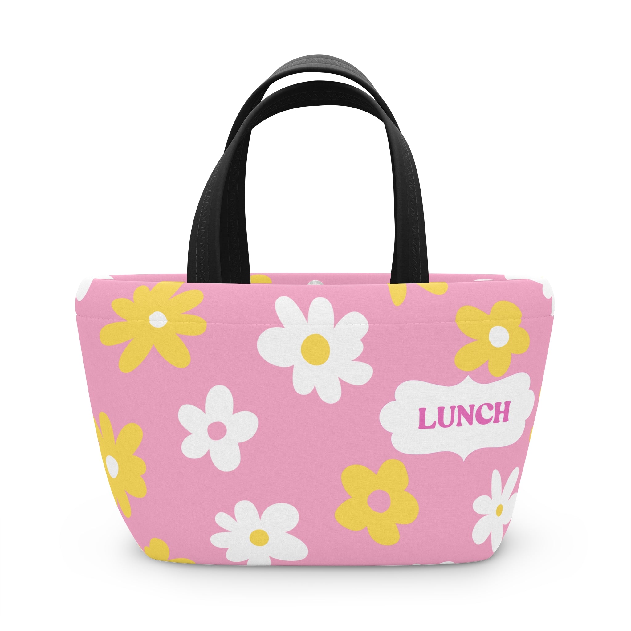 Pink Daisy Lunch Bag - Cute Floral Insulated Tote with “LUNCH” Label