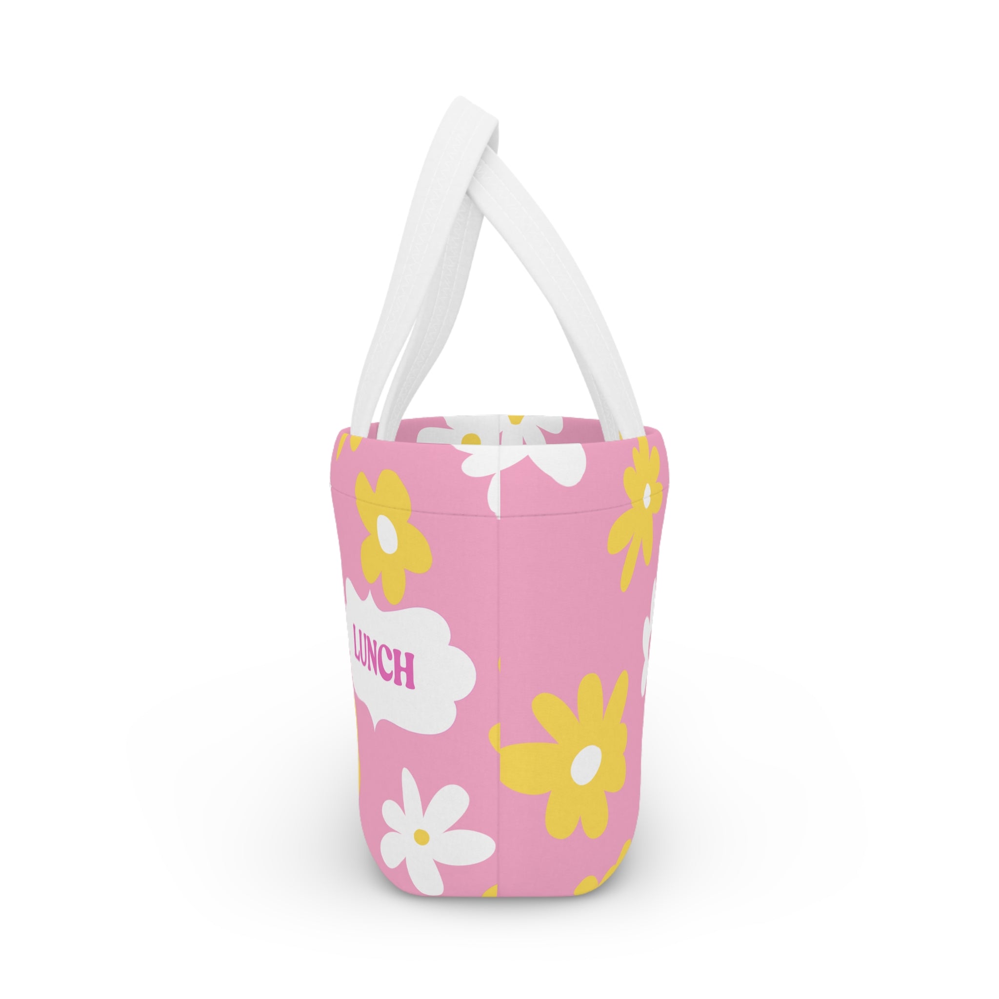 Pink Daisy Lunch Bag - Cute Floral Insulated Tote with “LUNCH” Label