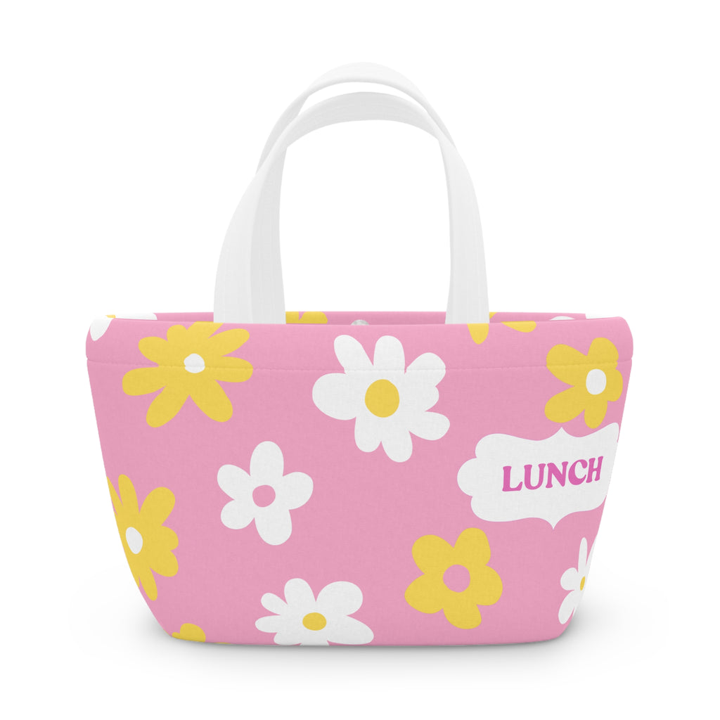 Pink Daisy Lunch Bag - Cute Floral Insulated Tote with “LUNCH” Label