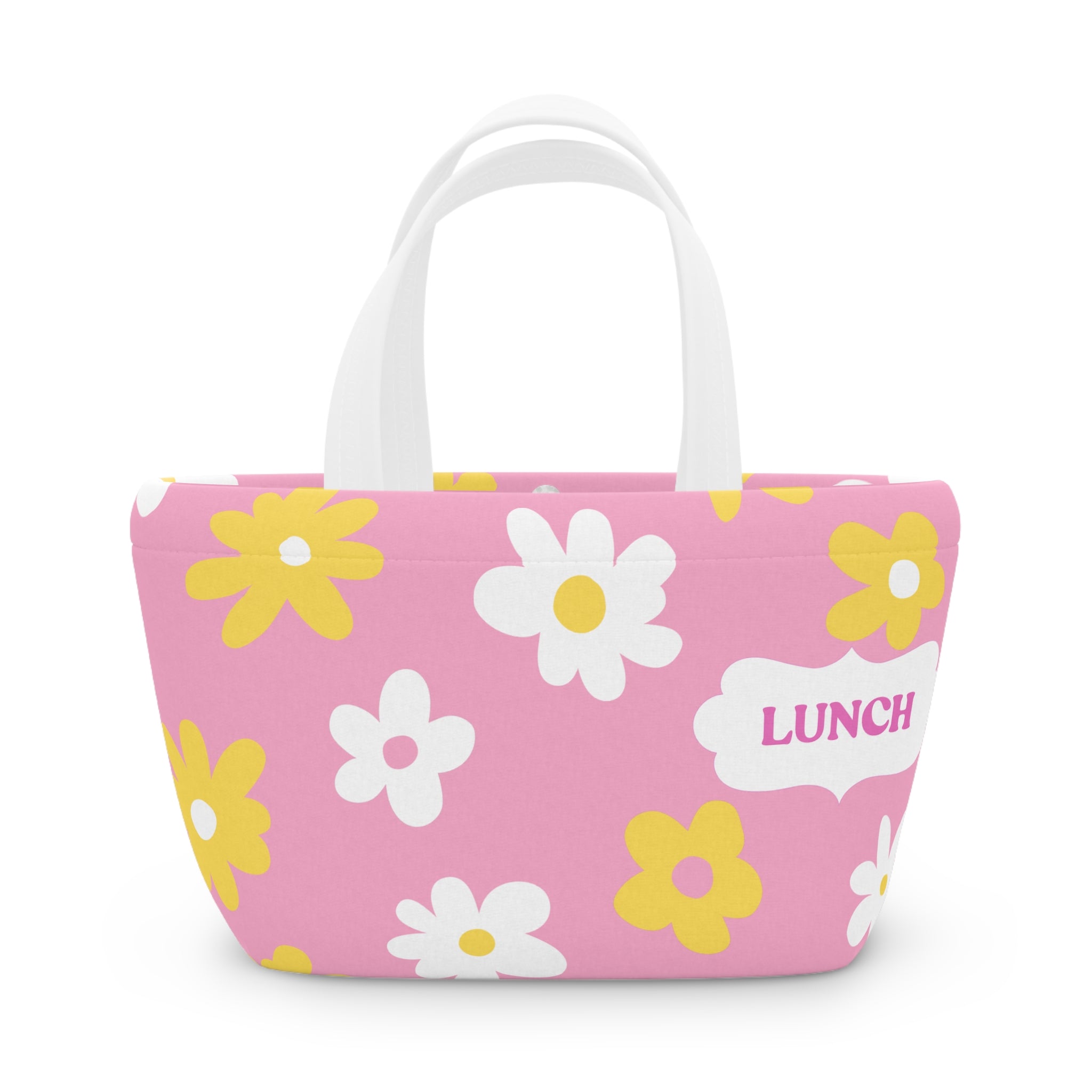 Pink Daisy Lunch Bag - Cute Floral Insulated Tote with “LUNCH” Label