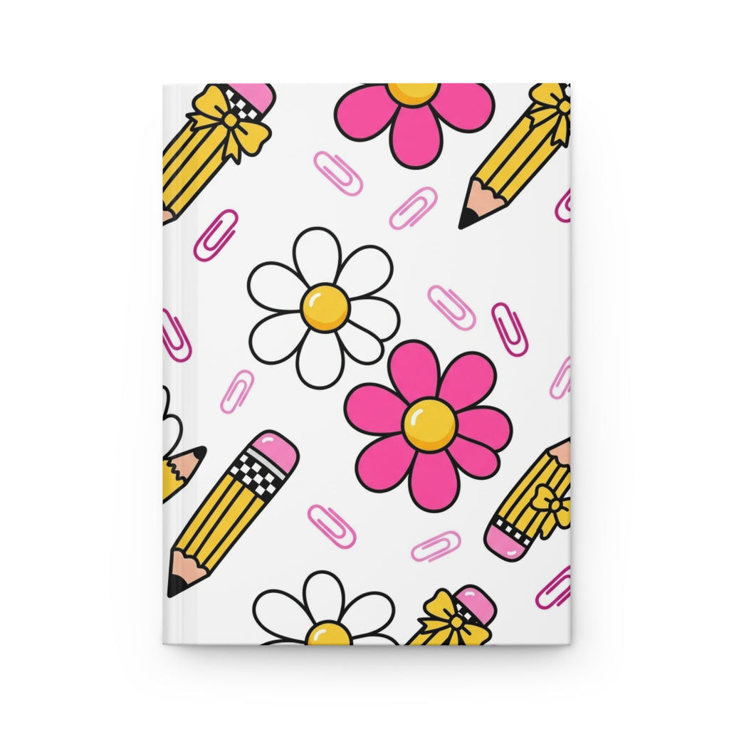 Cute Daisy & Pencil Hardcover Journal — Pink Floral School Notebook